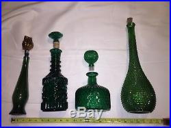 Rare Vintage Emerald Green Blown Glass Genie Bottle Whisky Decanter 15 Tall Set