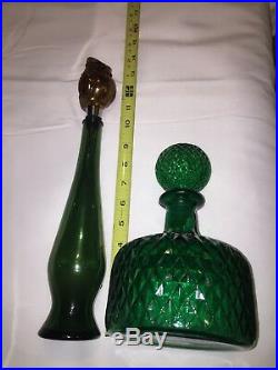 Rare Vintage Emerald Green Blown Glass Genie Bottle Whisky Decanter 15 Tall Set