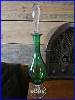 Rare Vintage Green & Clear Glass Decanter Bottle With Matching Stopper Art Glass