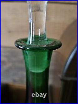 Rare Vintage Green & Clear Glass Decanter Bottle With Matching Stopper Art Glass