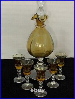Rare Vintage Italian Amber Decanter with Stopper and 5 Matching Cordial Glasses