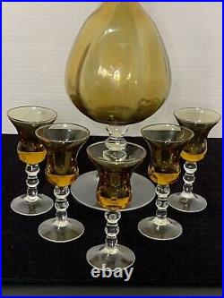 Rare Vintage Italian Amber Decanter with Stopper and 5 Matching Cordial Glasses