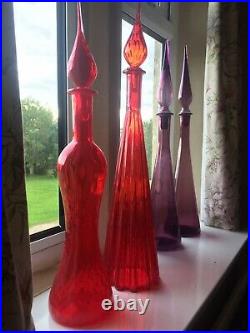 Red Hour Glass Genie Bottle Decanter Mcm Glass Italy Vintage Hand Blown 1960s