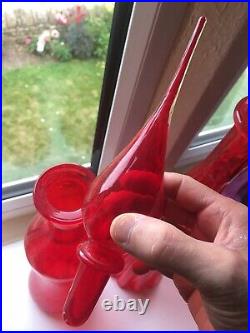 Red Hour Glass Genie Bottle Decanter Mcm Glass Italy Vintage Hand Blown 1960s