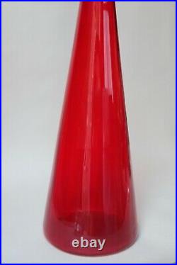 Red MCM Italian Empoli Genie Bottle Glass Hand Blown 1960s Vintage Decanter Mcm