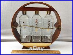 Retro Vtg Mid Century Modern Round Wood Tantalus 3 Decanter Bottles Chinoiserie