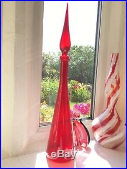 Ruby Red Genie Bottle Decanter Mcm Glass Italy Vintage Hand Blown 1960s