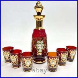 Ruby Red Gold Leaf Italian Murano Decanter set with 6 shot glasses Vintage