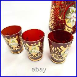 Ruby Red Gold Leaf Italian Murano Decanter set with 6 shot glasses Vintage