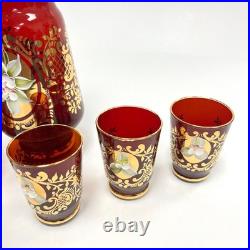 Ruby Red Gold Leaf Italian Murano Decanter set with 6 shot glasses Vintage