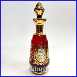 Ruby Red Gold Leaf Italian Murano Decanter set with 6 shot glasses Vintage