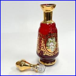 Ruby Red Gold Leaf Italian Murano Decanter set with 6 shot glasses Vintage