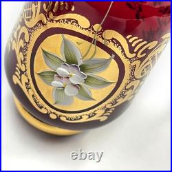 Ruby Red Gold Leaf Italian Murano Decanter set with 6 shot glasses Vintage
