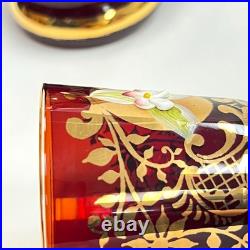 Ruby Red Gold Leaf Italian Murano Decanter set with 6 shot glasses Vintage