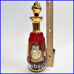 Ruby Red Gold Leaf Italian Murano Decanter set with 6 shot glasses Vintage