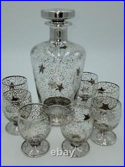 Saint Graal Of France Silver Overlay Glass Decanter Set, Atomic Stars. Vtg