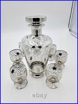 Saint Graal Of France Silver Overlay Glass Decanter Set, Atomic Stars. Vtg