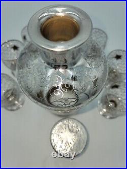 Saint Graal Of France Silver Overlay Glass Decanter Set, Atomic Stars. Vtg