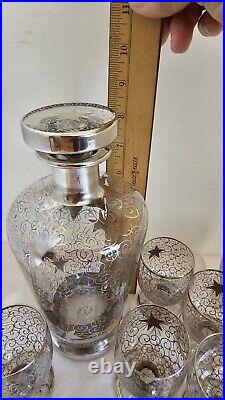 Saint Graal Of France Silver Overlay Glass Decanter Set, Atomic Stars. Vtg