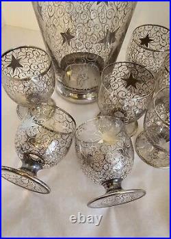 Saint Graal Of France Silver Overlay Glass Decanter Set, Atomic Stars. Vtg