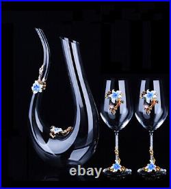 Set Antique Nordic Renaissance Vintage Brass Blue Crystal Glass Decanter Wine U