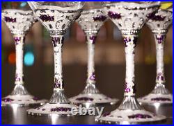 Set Antique Renaissance Vintage 6 Crystal Glass Hanger Decanter Wine Purple