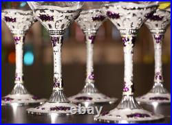 Set Antique Renaissance Vintage 6 Crystal Glass Hanger Decanter Wine Purple