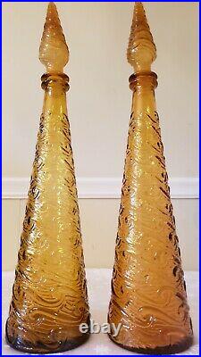 Set Of 2 VTG Amber Empoli Glass Genie Bottle Decanter Made In Italy With Stopper