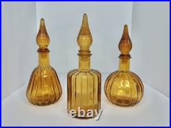 Set Of 3 Vintage MCM Mini Empoli Amber Ribbed Genie Bottle Decanter Withstoppers
