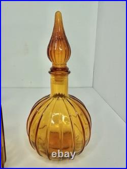 Set Of 3 Vintage MCM Mini Empoli Amber Ribbed Genie Bottle Decanter Withstoppers