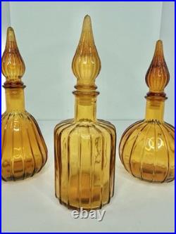 Set Of 3 Vintage MCM Mini Empoli Amber Ribbed Genie Bottle Decanter Withstoppers