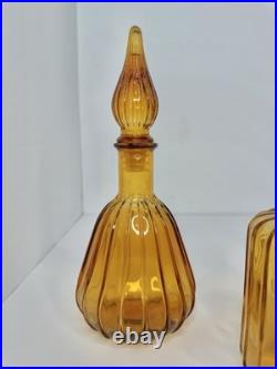 Set Of 3 Vintage MCM Mini Empoli Amber Ribbed Genie Bottle Decanter Withstoppers