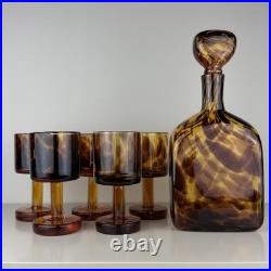 Set Of Vintage DECANTER And 5 Goblets Tortoise Shell Glass Leopard EMPOLI Dior