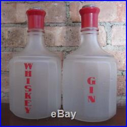 Set of 2 50s Vtg Mid Century Gin Whiskey Liquor Bottles! Red & Frosted Glass