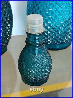 Set of 2 Teal Glass Double Handled Bottles Decanter with Stopper Diamond Point