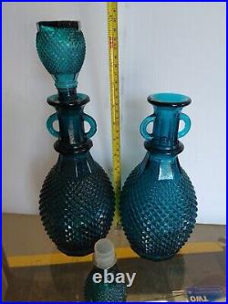 Set of 2 Teal Glass Double Handled Bottles Decanter with Stopper Diamond Point