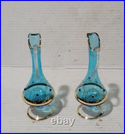 Set of 2 Vtg Veneciano Glass Wine Decanter Pitcher Cameo Gold Gilt Made in Italy