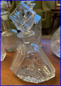 Set of Vintage Glass Liquor Decanters Clear Glass Bottles Lot of 5 With Stoppers
