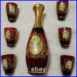 Seyei Victorian Glass Decanter & 6 matching Cordial glasses Vintage Red Gold
