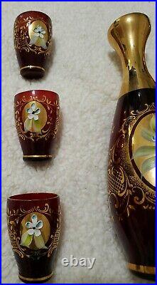 Seyei Victorian Glass Decanter & 6 matching Cordial glasses Vintage Red Gold