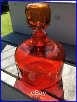 Signed Blenko Tangerine Orange Vintage Mid Century Modern Glass Decanter