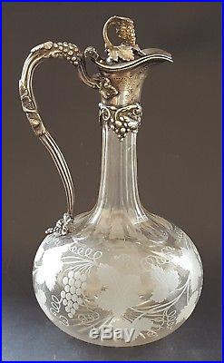 Silver plate & clear glass vintage Art Nouveau antique claret wine jug decanter
