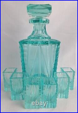 Stunning Rare Vintage Moser Glass Decanter Set with Shot Glasses Ice Blue Art Deco