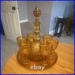 Stunning Vintage Amber Indiana Glass Sandwich Decanter Set MCM Retro Barware