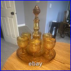 Stunning Vintage Amber Indiana Glass Sandwich Decanter Set MCM Retro Barware