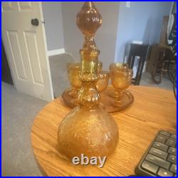Stunning Vintage Amber Indiana Glass Sandwich Decanter Set MCM Retro Barware