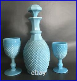 Turquoise Blue Milk Glass Decanter +2 Goblets Vintage Art Deco Casa Pupa