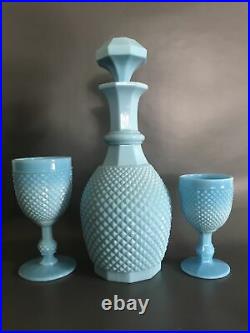Turquoise Blue Milk Glass Decanter +2 Goblets Vintage Art Deco Casa Pupa