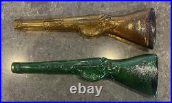 Two 2 Vintage Cellini Masterpieces Rifle Decanter w Wood Stand Italy AMBER GREEN
