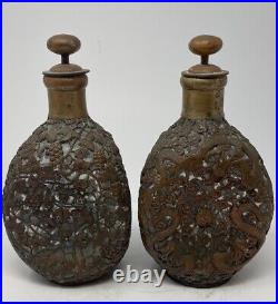 Two Vintage Chinese Silver Bronze Overlay Glass Decanter
